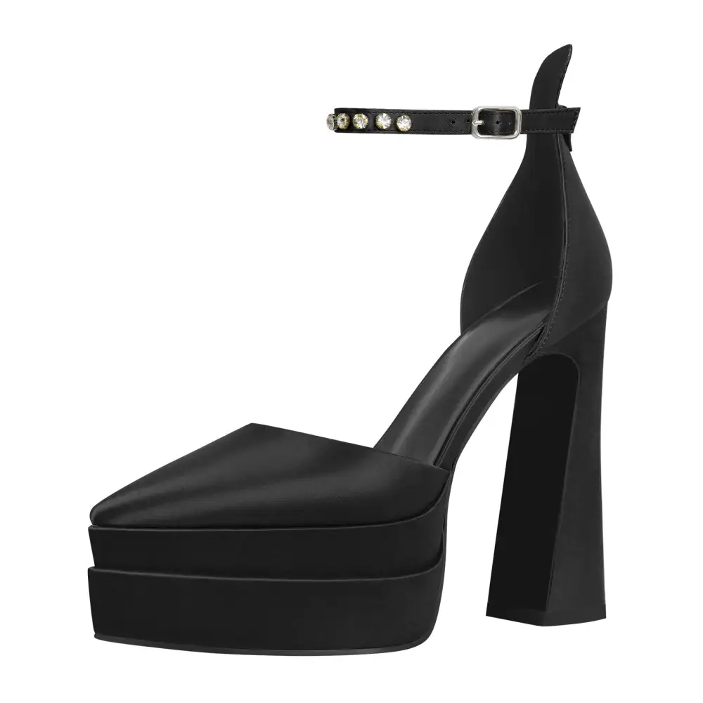 Satin Finish Rhinestone Pointed Toe Double Platform Chunky Heel Pumps