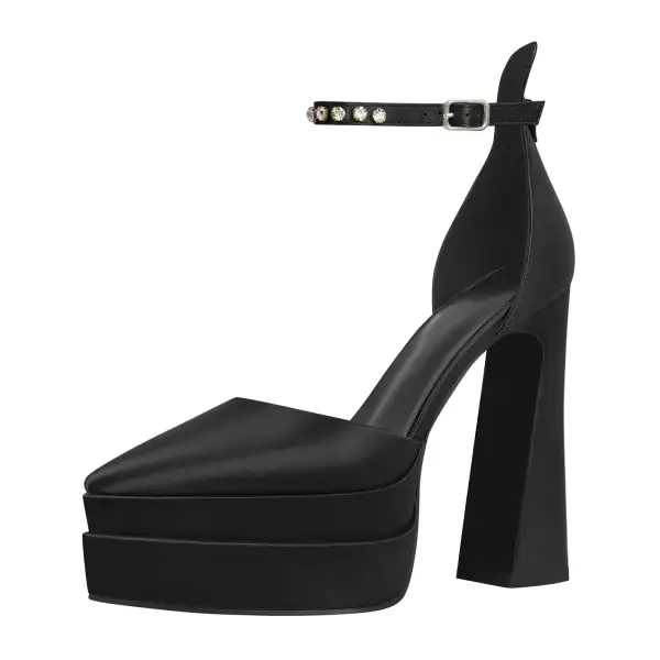 Satin Finish Rhinestone Pointed Toe Double Platform Chunky Heel Pumps