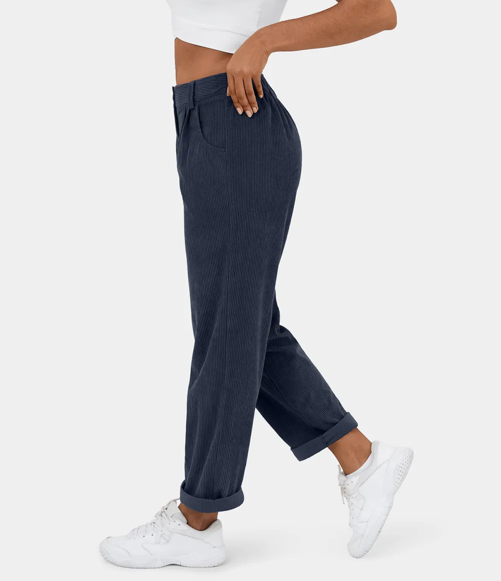 Mid Rise Button Zipper Side Pocket Corduroy Casual Pants