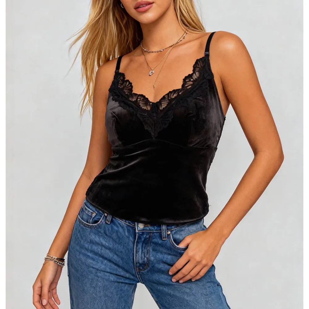 Velvet V Neck Corset Sheer Lace Panel Cami Top