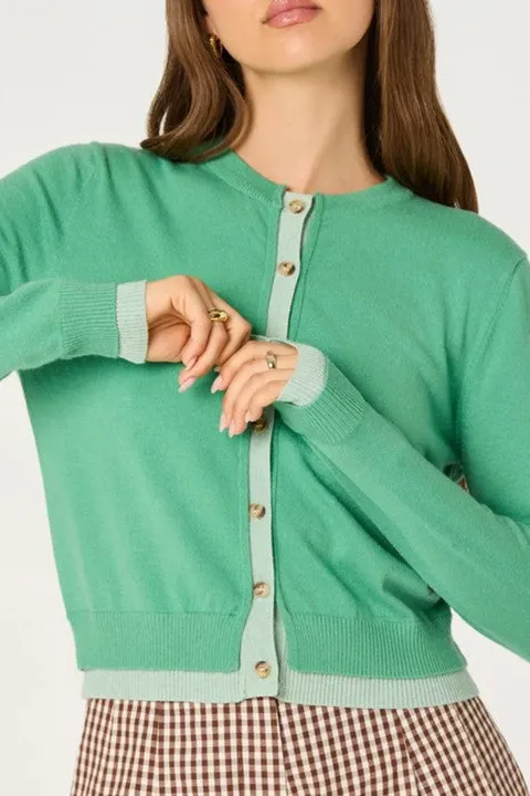 Green Contrast Trim Knit Cardigan