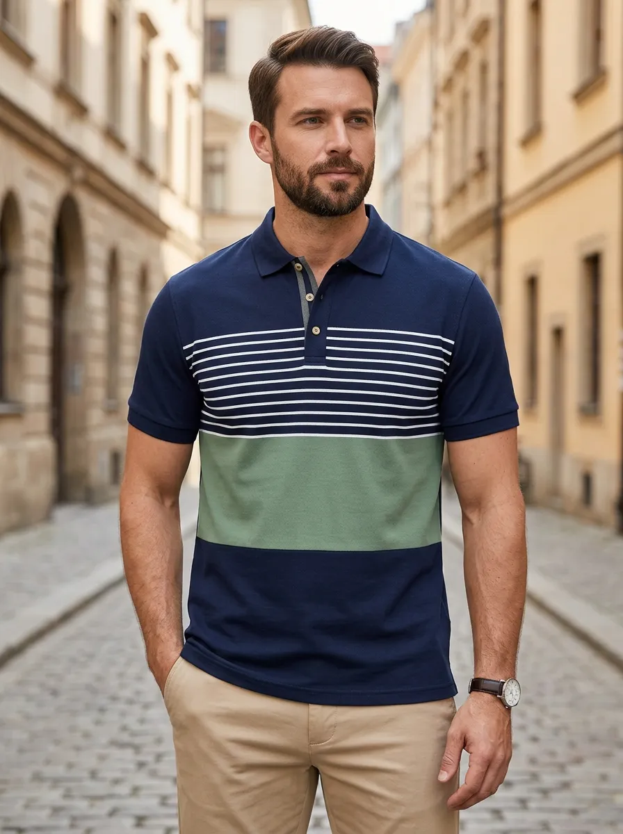 Men's Clean Line Colorblock Striped Polo Shirt