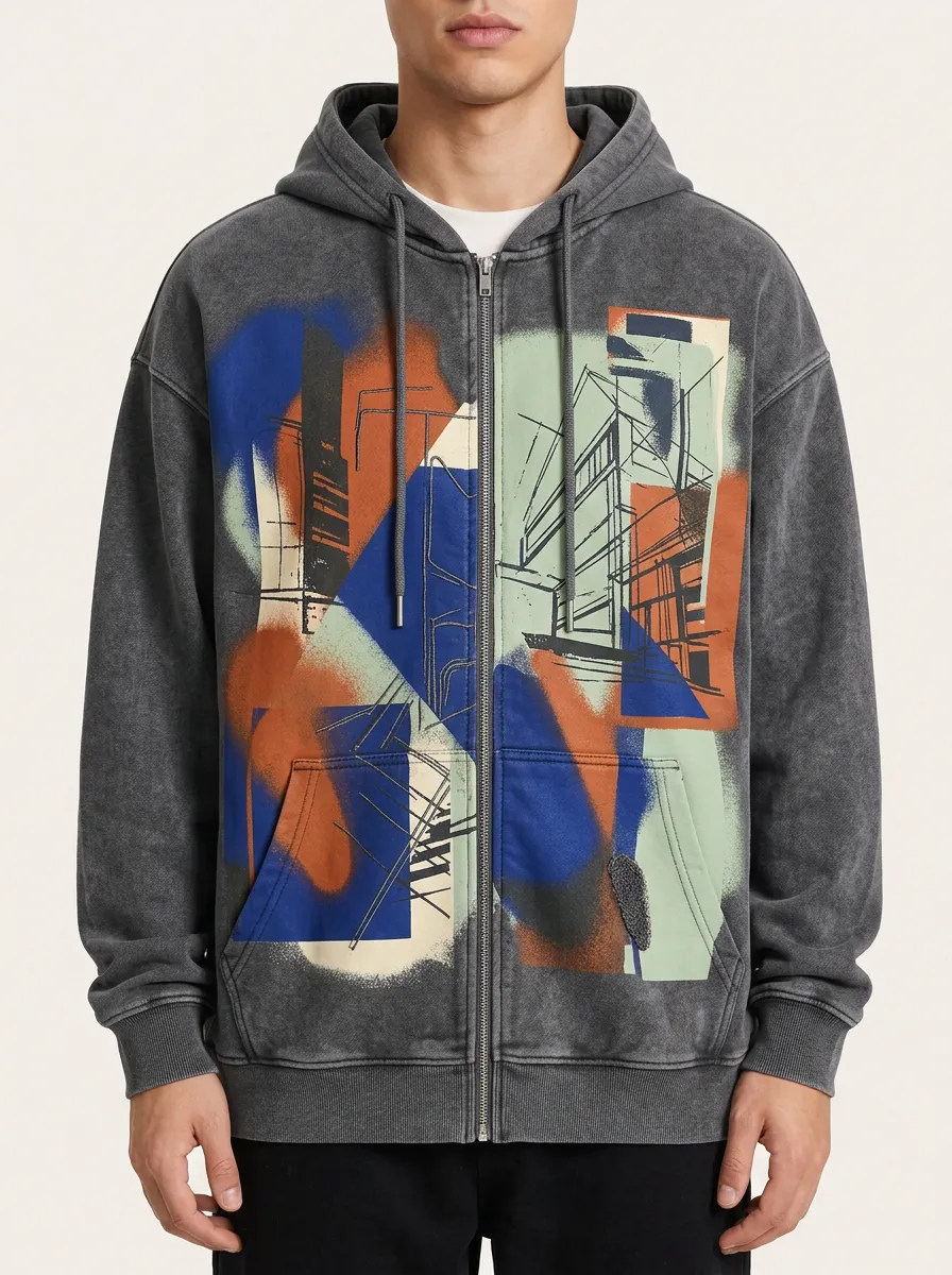 Men's Abstract Geometric Graffiti Printed Zip Up Hoodie