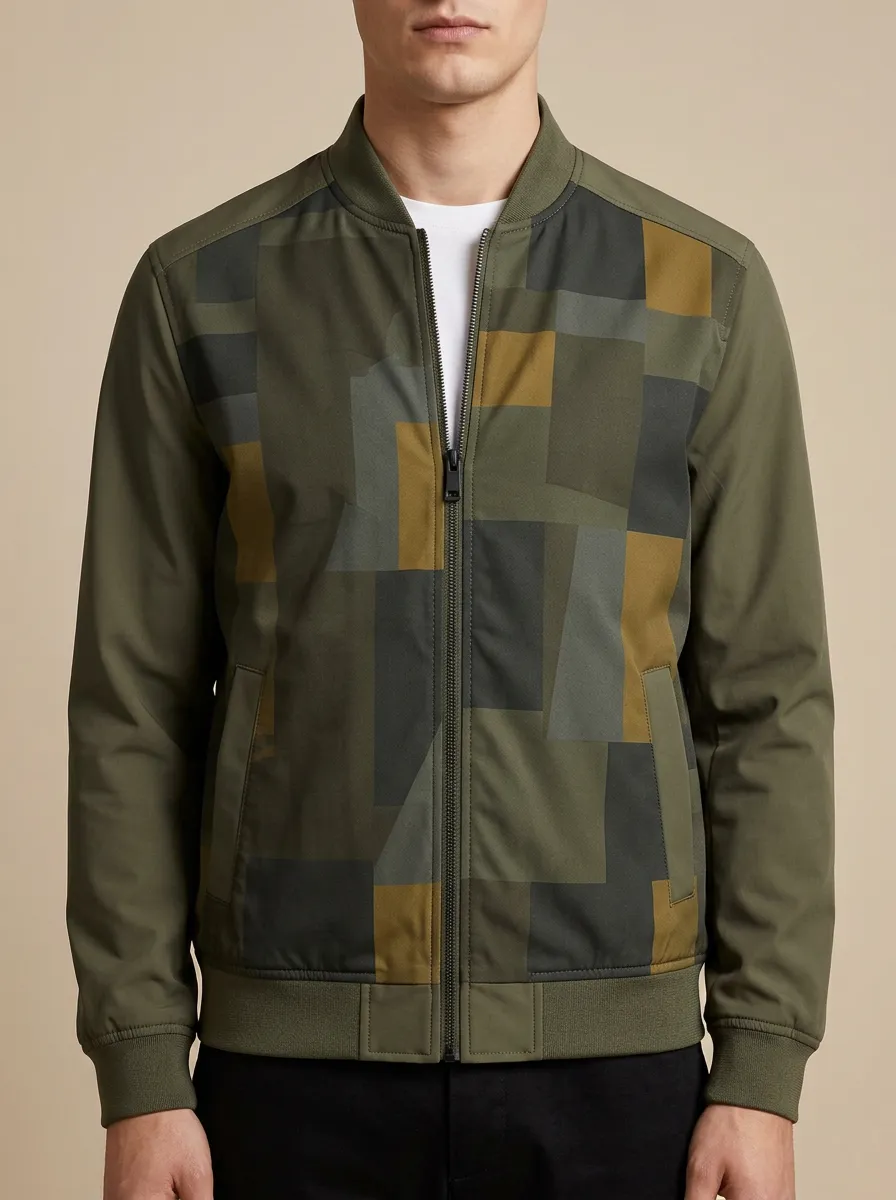 Geometric Print Ribbed Trim Panel Detail Bomber Jacket