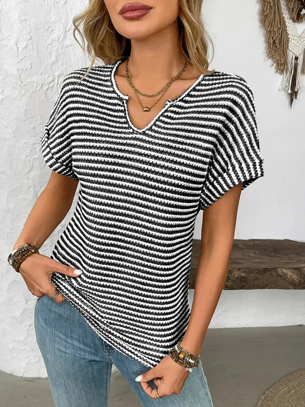 Everyday Striped Notched Short Sleeve T-Shirt
