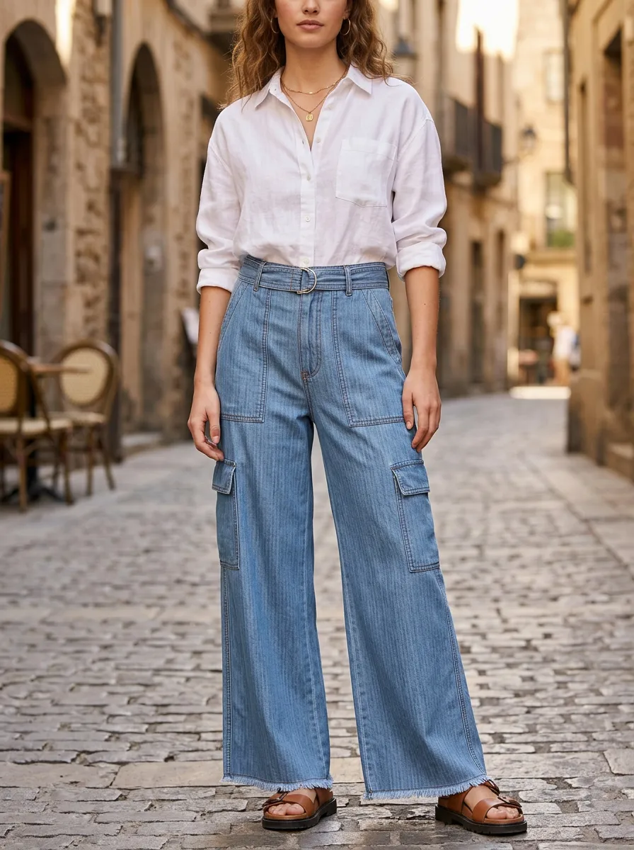 Women's Casual Fashion Blue Denim Belted Cargo Pants