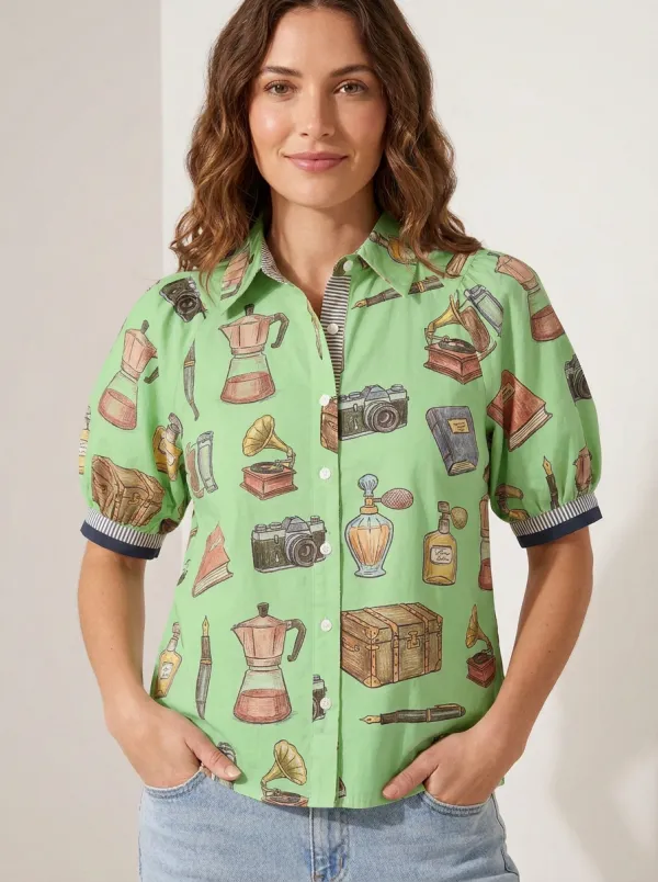 Women's Vintage Hobby Lover Camera Coffee Book Printed Shirt