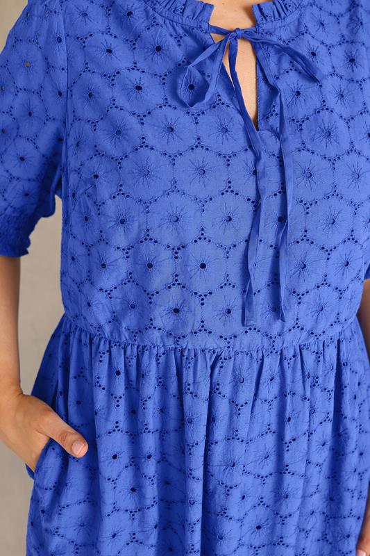 Blue Tie Neck Broderie Cotton Maxi Dress detail 3
