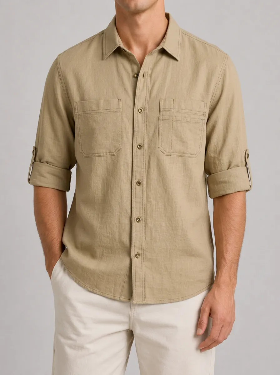 Men's Casual Khaki Linen Blend Roll-up Sleeve Button Down Shirt