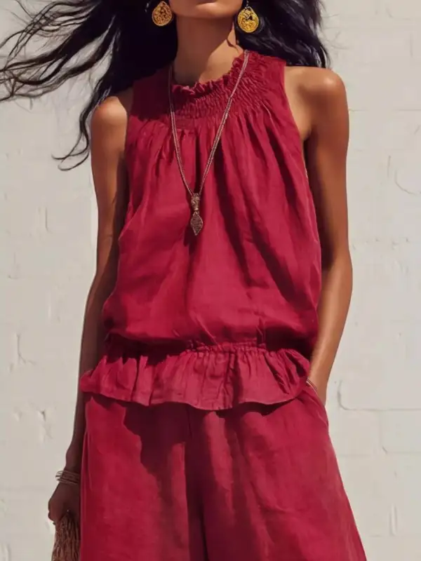 Smocked Ruffled Hem Top and Wide Leg Pants Set