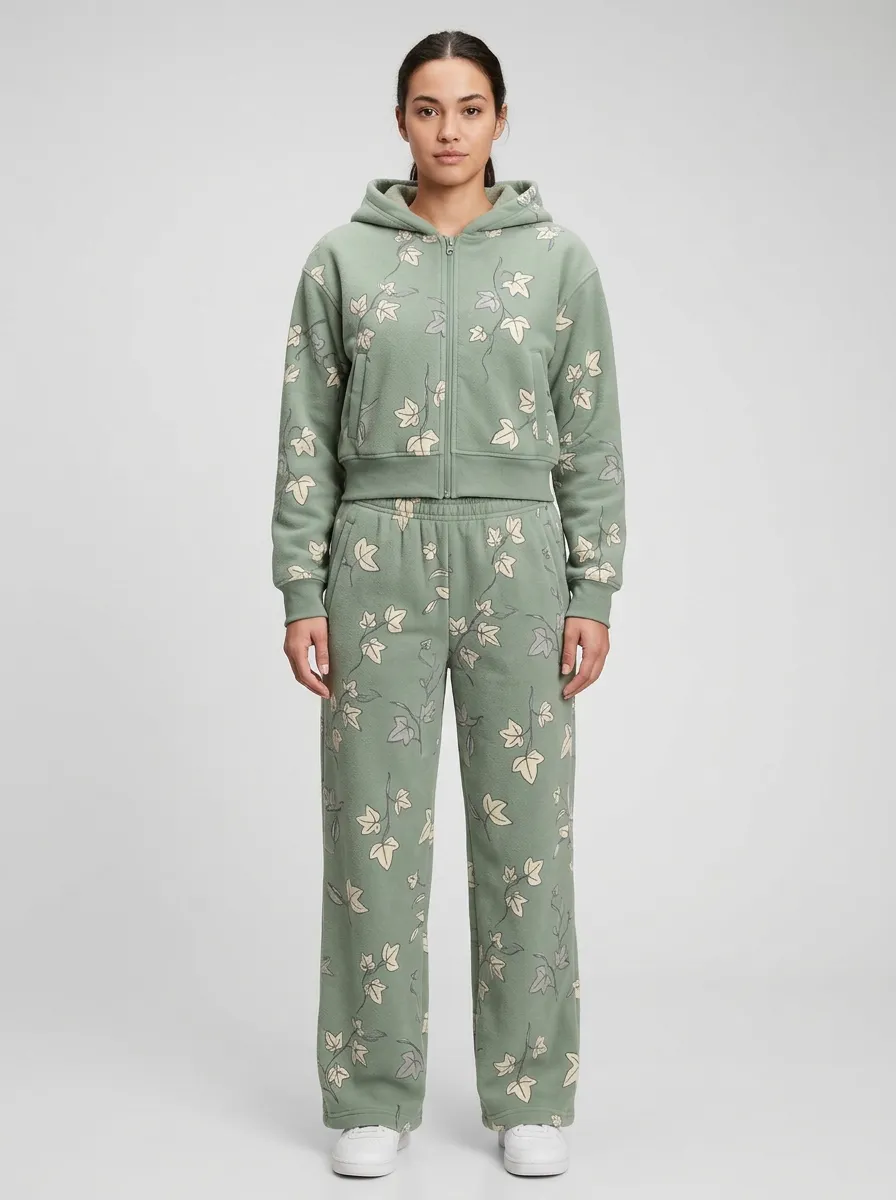Women's Floral Print Zip-Up Hoodie And Wide-Leg Pant Set