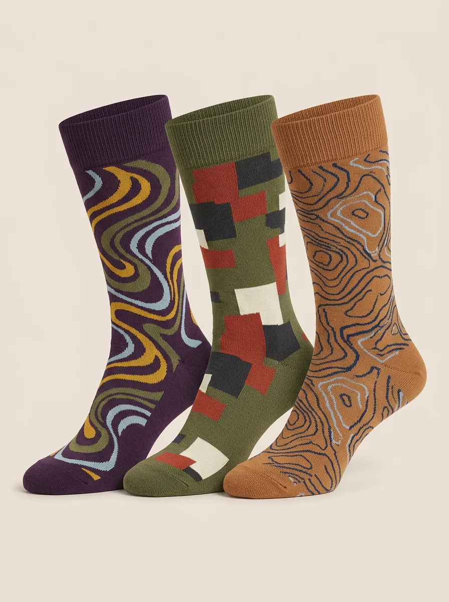 Men's Topographic Lines Graphic Motifs Patterned Sock Trio