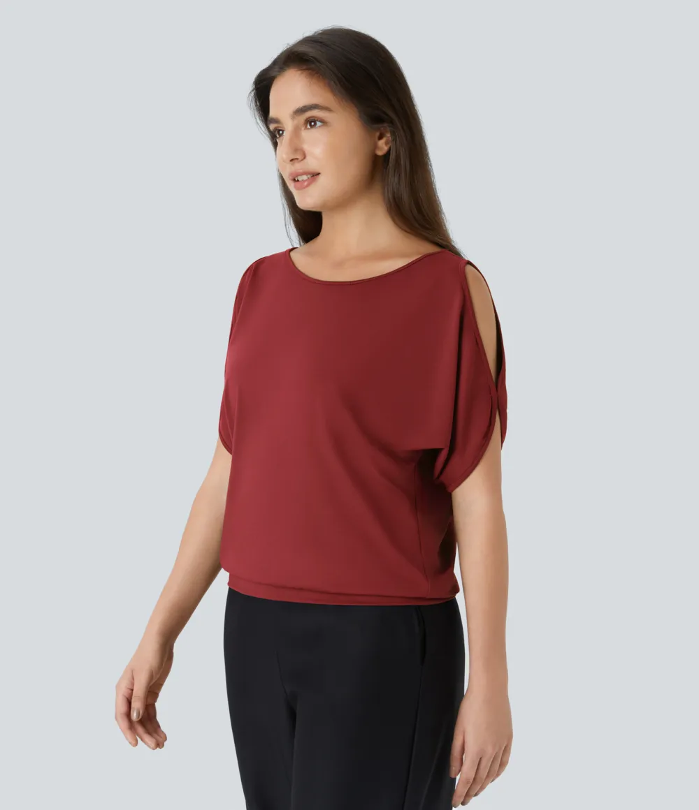Boat Neck Short Sleeve Cut Out Casual T-Shirt