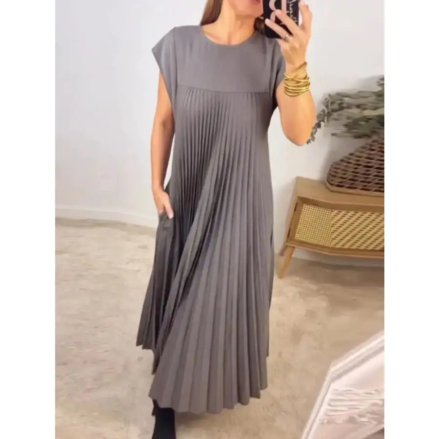 Classic Full Size Pleated Round Neck Maxi Dress Plus Size