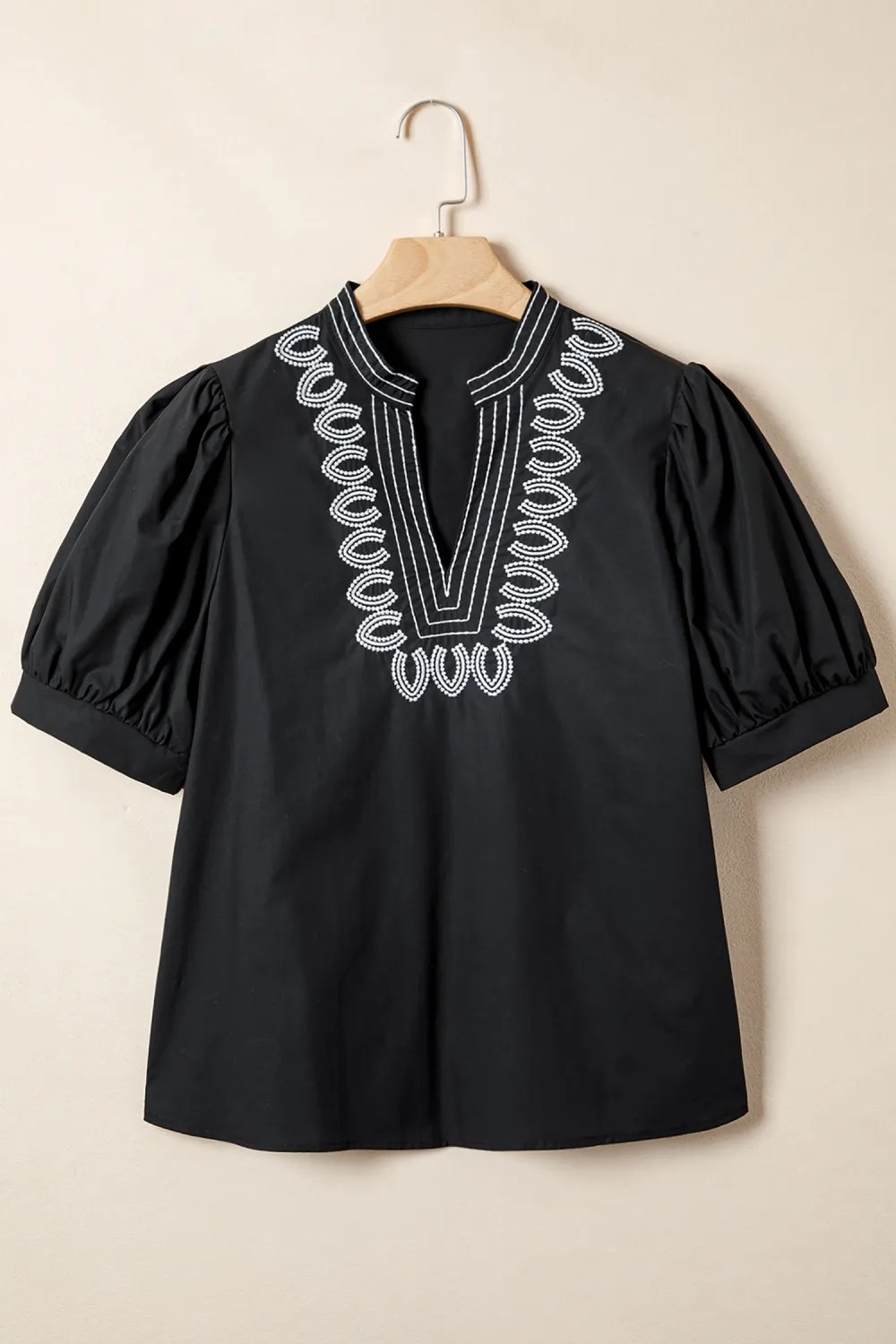 Black Short Puff Sleeve Contrast Blouse