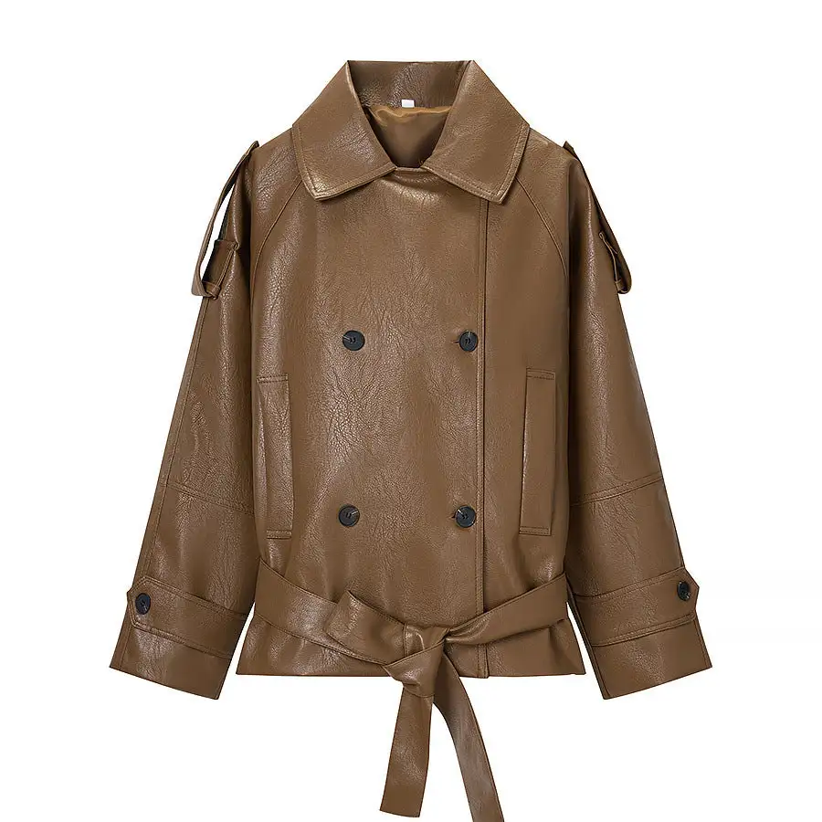 Polished Lapel Collar Trench Leather Jacket