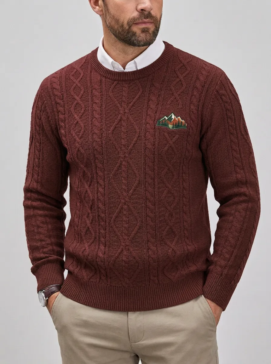 Men's Olive Green Cable Knit Mountain Graphic Sweater