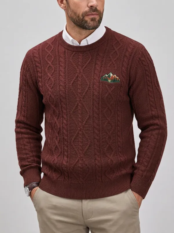 Men's Olive Green Cable Knit Mountain Graphic Sweater