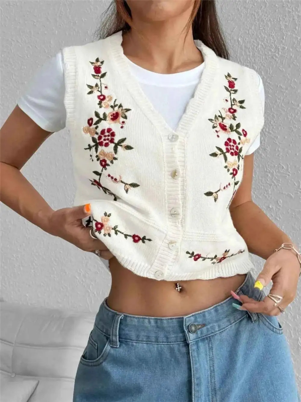 Embroidered Button-Up Sweater Vest