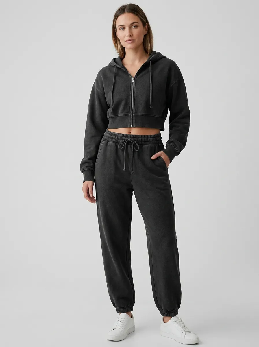 Cropped Vintage-Wash Jogger Women's Cropped Zip-Up Hoodie Jogger Active Set