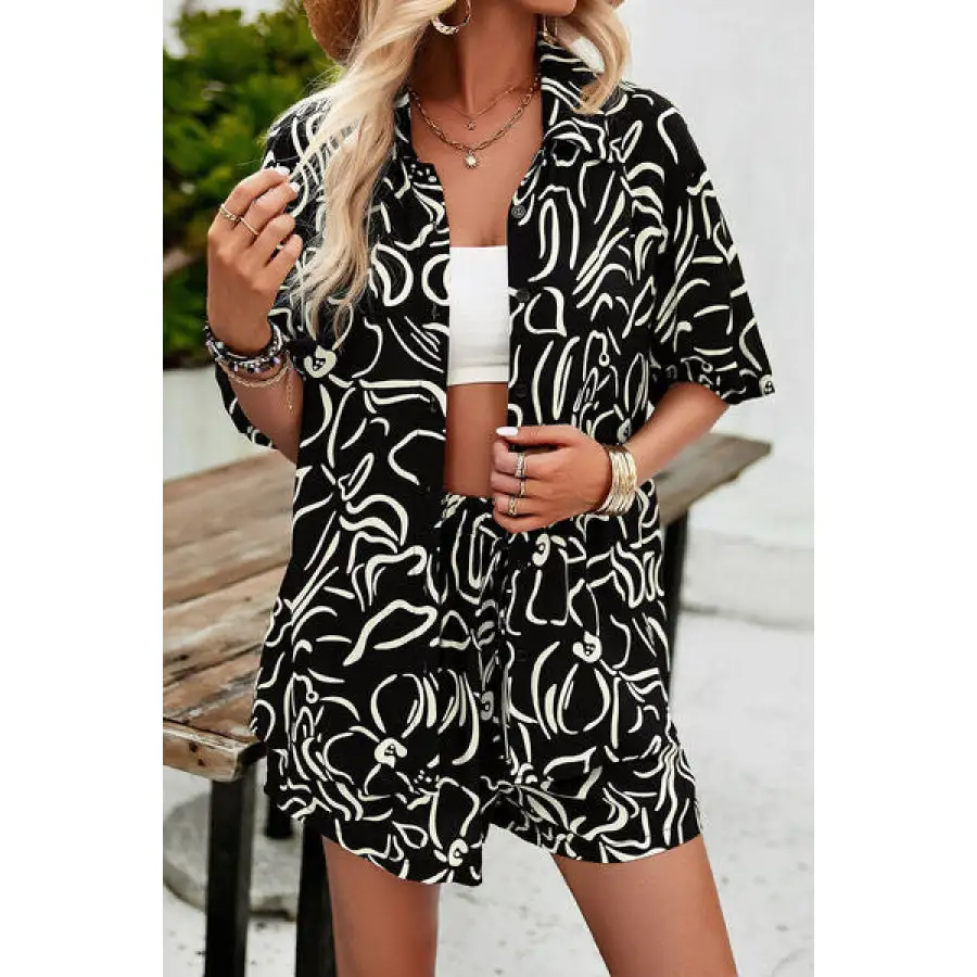 Vacation Printed Button Up Shirt and Shorts Set