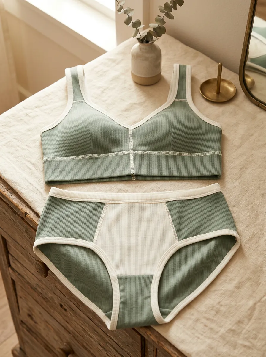 Women's Ribbed Contrast Trim And Panel Detail Trim Detail Lingerie Set