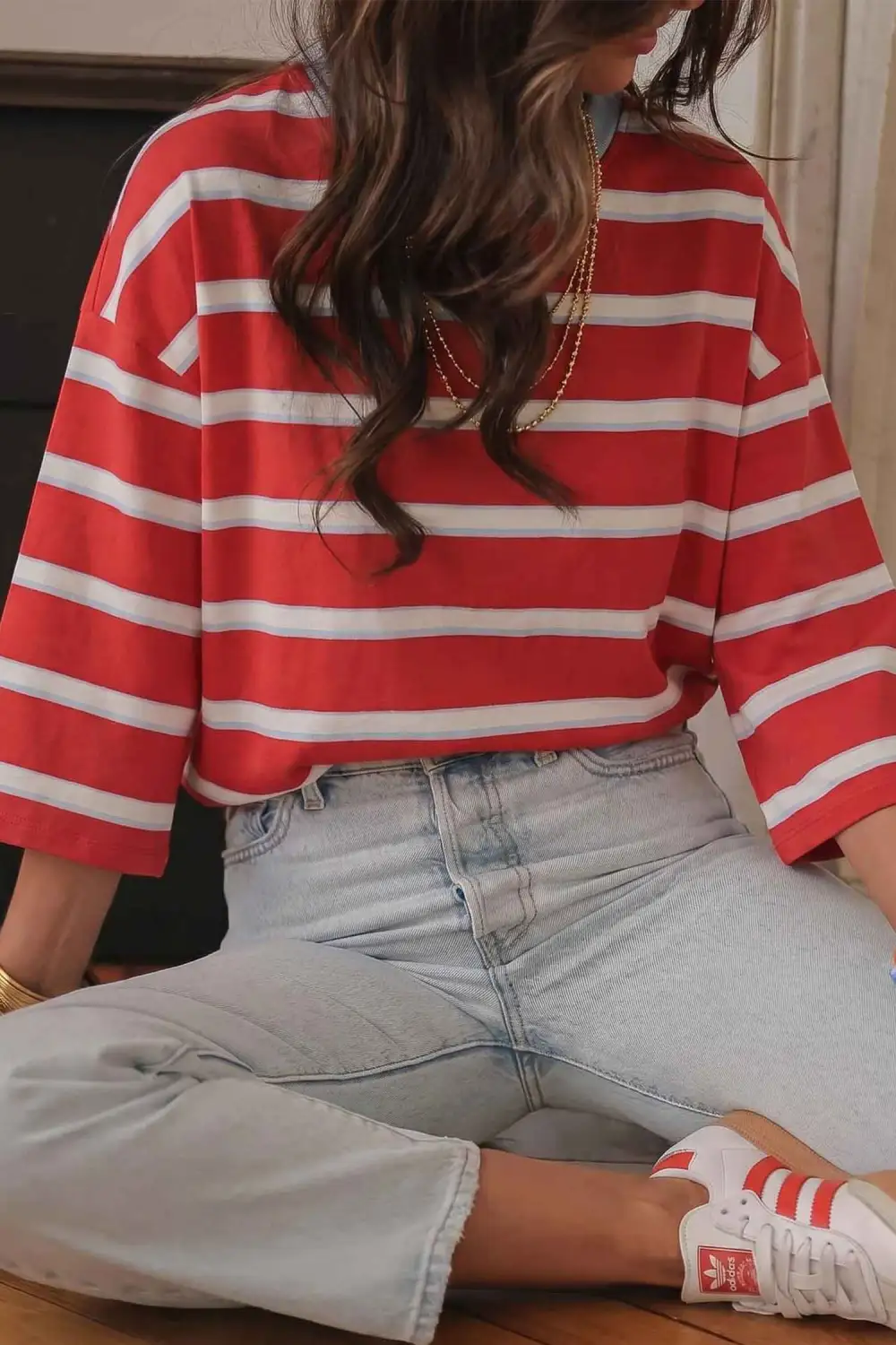 Striped Open Back Relaxed Cotton Blend Long Sleeve T-Shirt
