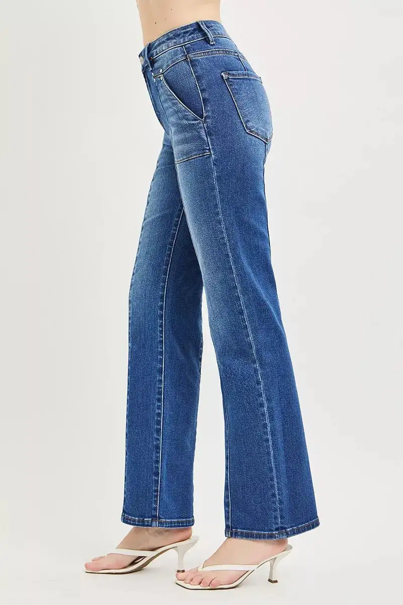 High Rise Patch Pocket Straight Leg Jeans