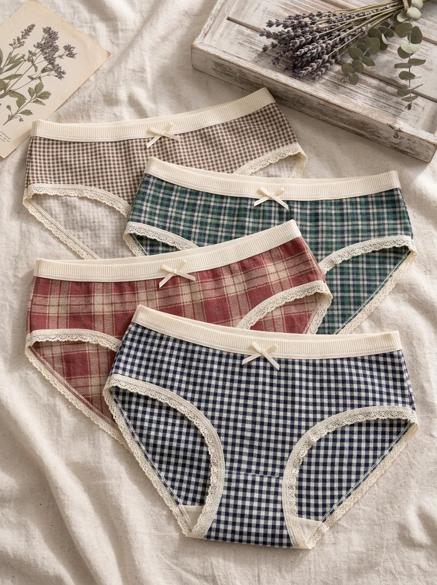 Women's Lace Trim Plaid Printed Vintage 4-Piece Panty Set