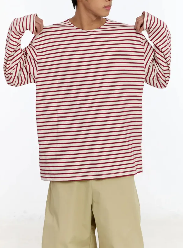 Men's Striped Boat Neck Long Sleeve Tee