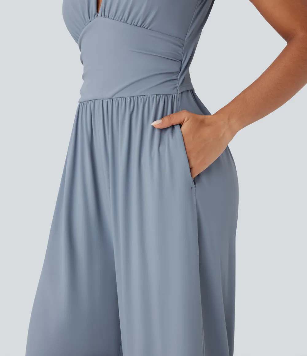 SoftlyZero Airy V Neck Sleeveless Ruched Pocket Cool Touch Casual Jumpsuit-Easy Peezy