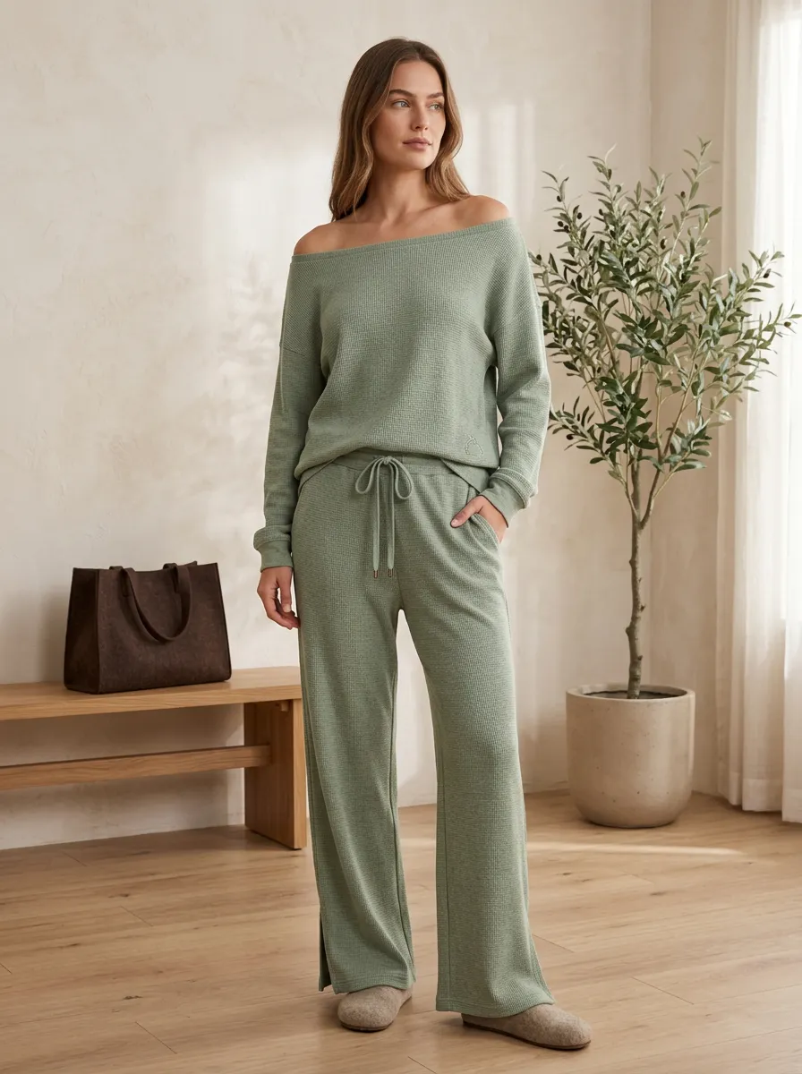 Women's Sage Green Side-Slit Waffle Knit Off-Shoulder Loungewear Set