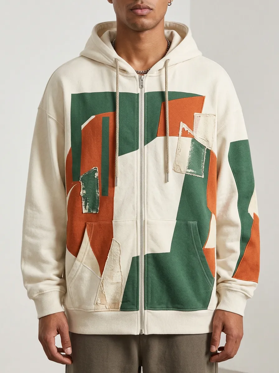 Men's Abstract Geometric Patchwork Printed Zip-up Hoodie