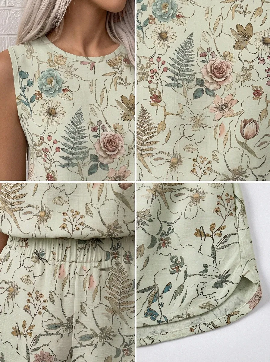 Women's Vintage Botanical Floral Printed Sleeveless Shorts Set