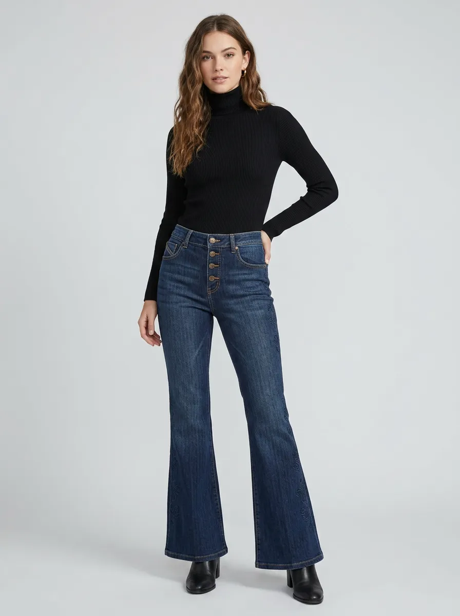 Women's High-Waisted Button-Fly Embroidered Flare Printed Jeans