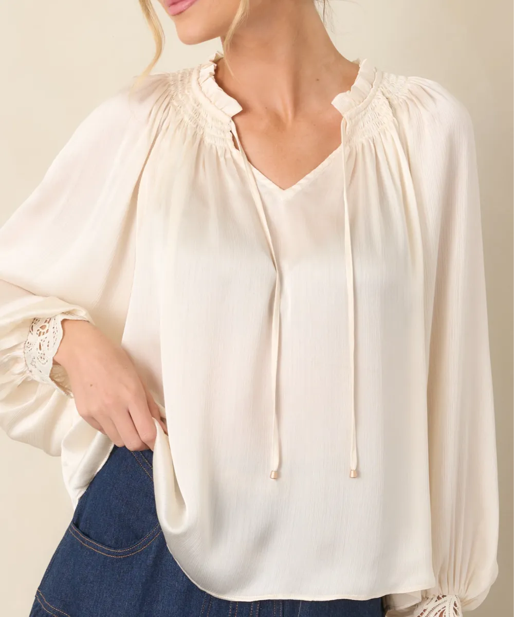 Lace-Cuff Long-Sleeve Denim Blouse
