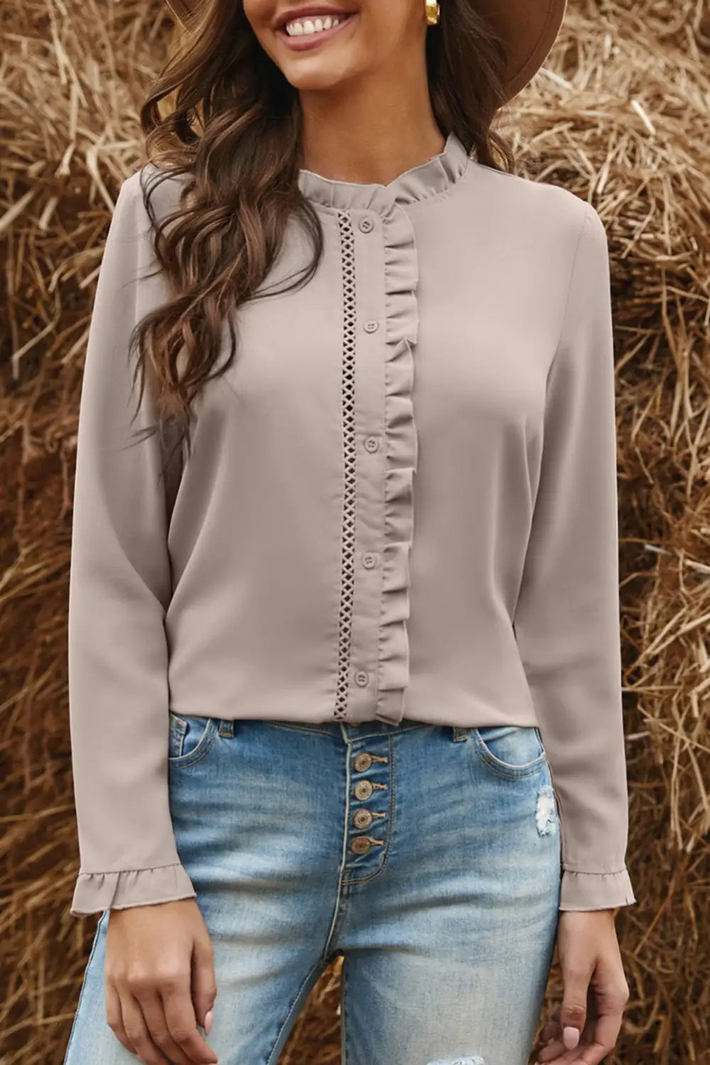 Frilled Neckline Buttoned Shirt