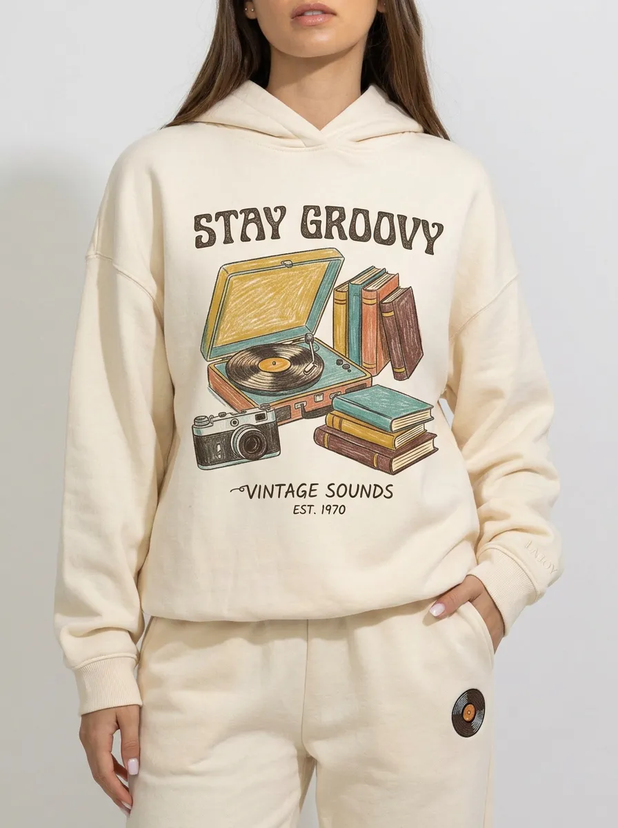 Women's Retro Music-Inspired Record Player Books Camera Printed Hoodie