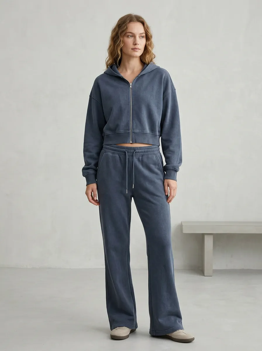 Women's Relaxed Minimal Cropped Hooded Jacket and Flare Pants Active Set
