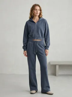 Women's Relaxed Minimal Cropped Hooded Jacket and Flare Pants Active Set