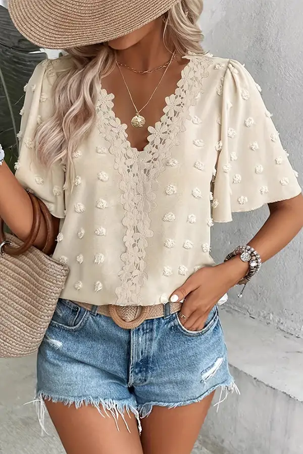 V Neck Jacquard Weaving Casual Tops
