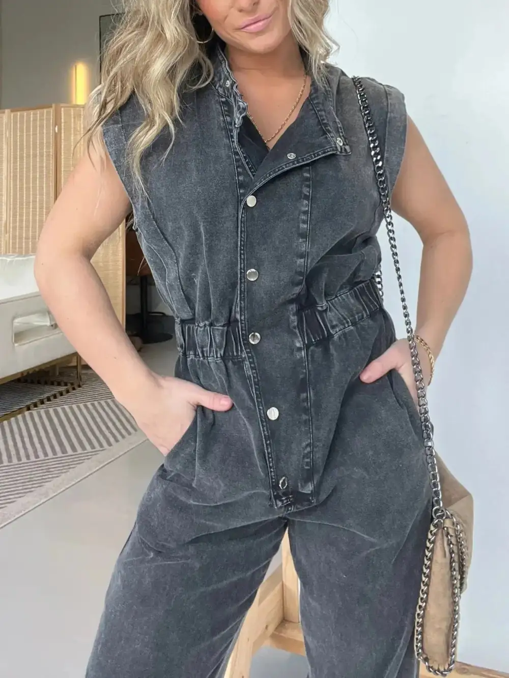 Modern Denim Button Front Jumpsuit
