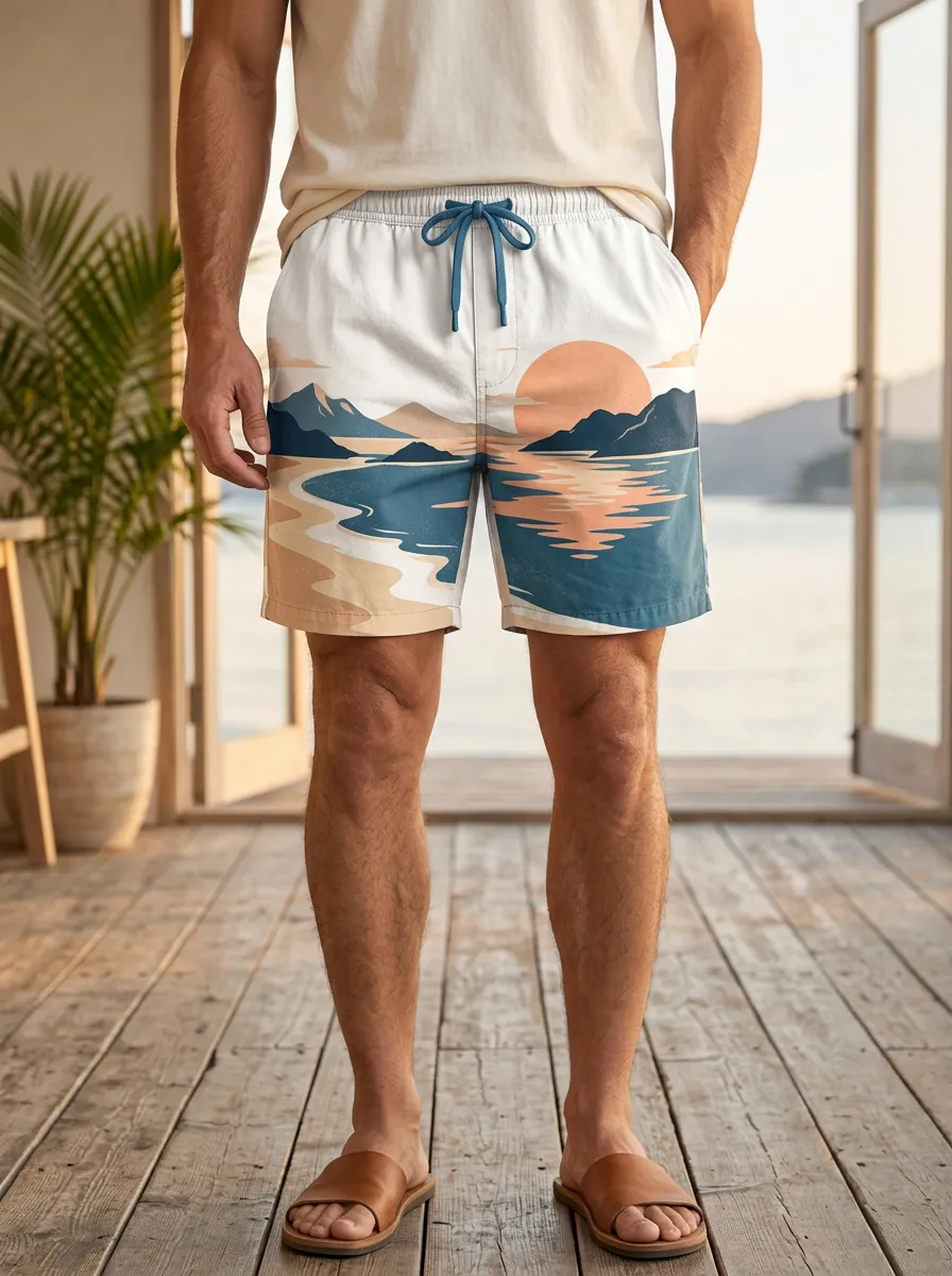 Men's Beach Vacation Sunset Mountain Drawstring Shorts
