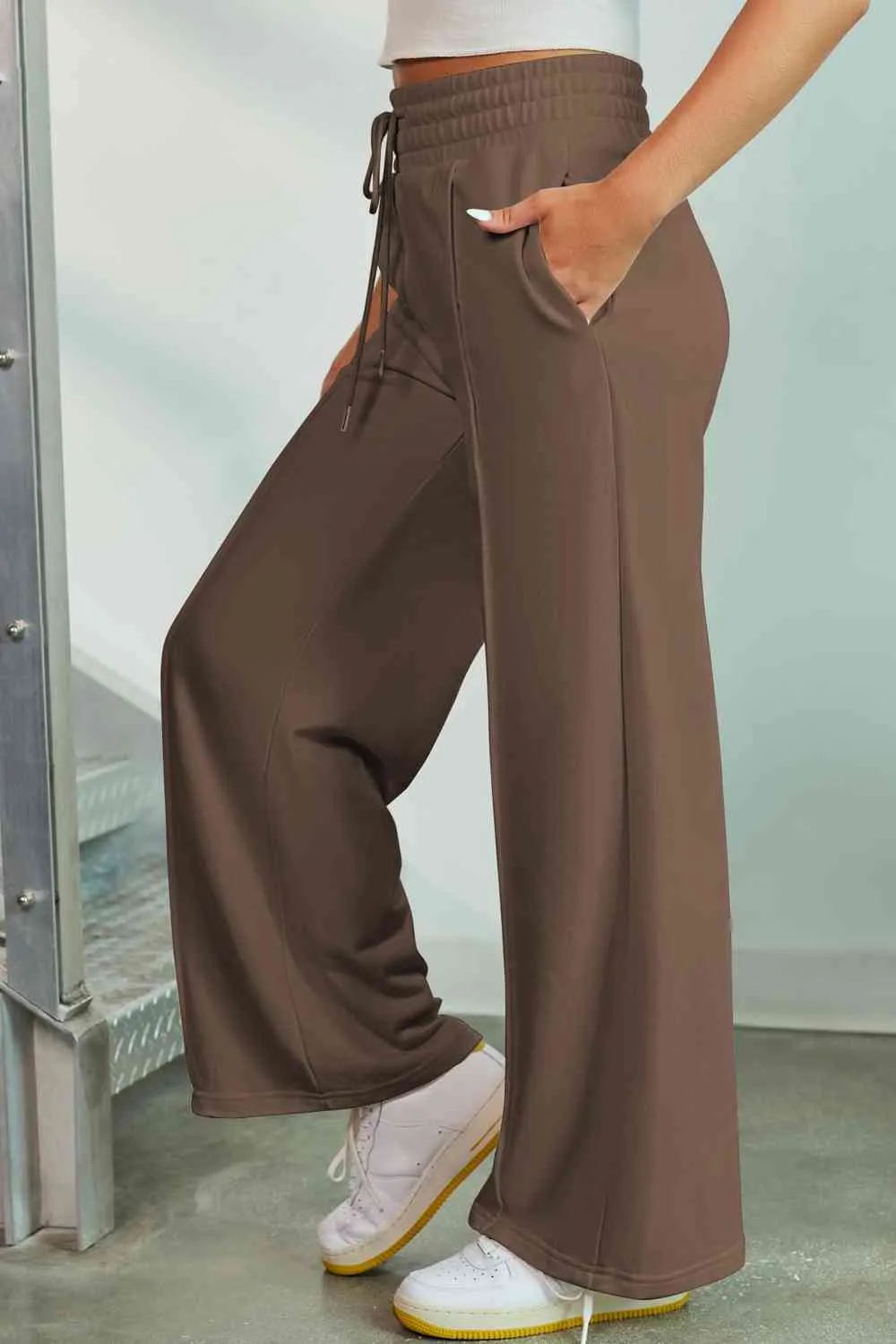 Polished Drawstring Wide Leg Pants With Pocket