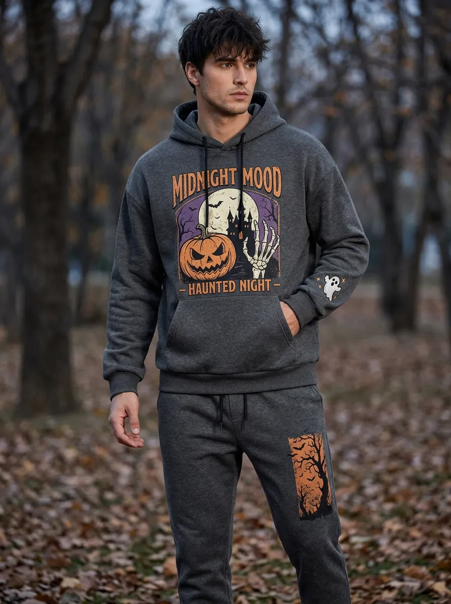 Men's Halloween Charcoal Heather Midnight Mood Pumpkin Skeleton Ghost-Sleeve Hoodie Jogger Set