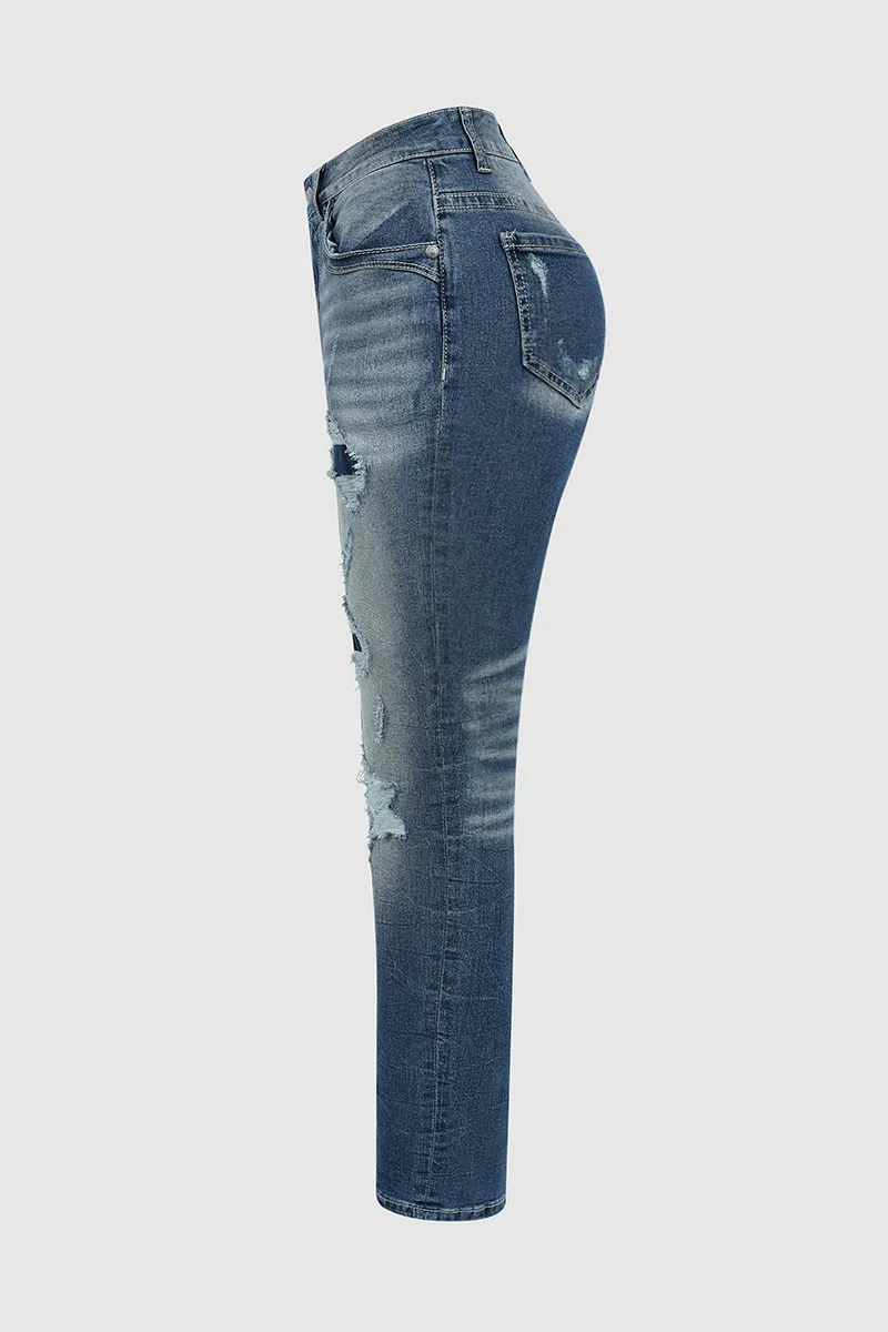 Mid Waist Wash Straight Leg Jeans