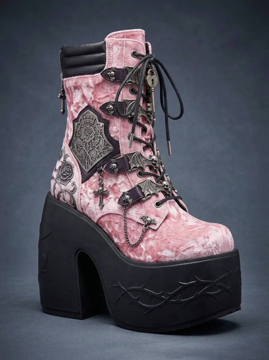 Witchy Skull Bat Rose Design Women's Gothic Platform Boots