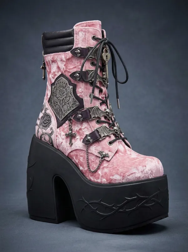 Witchy Skull Bat Rose Design Women's Gothic Platform Boots
