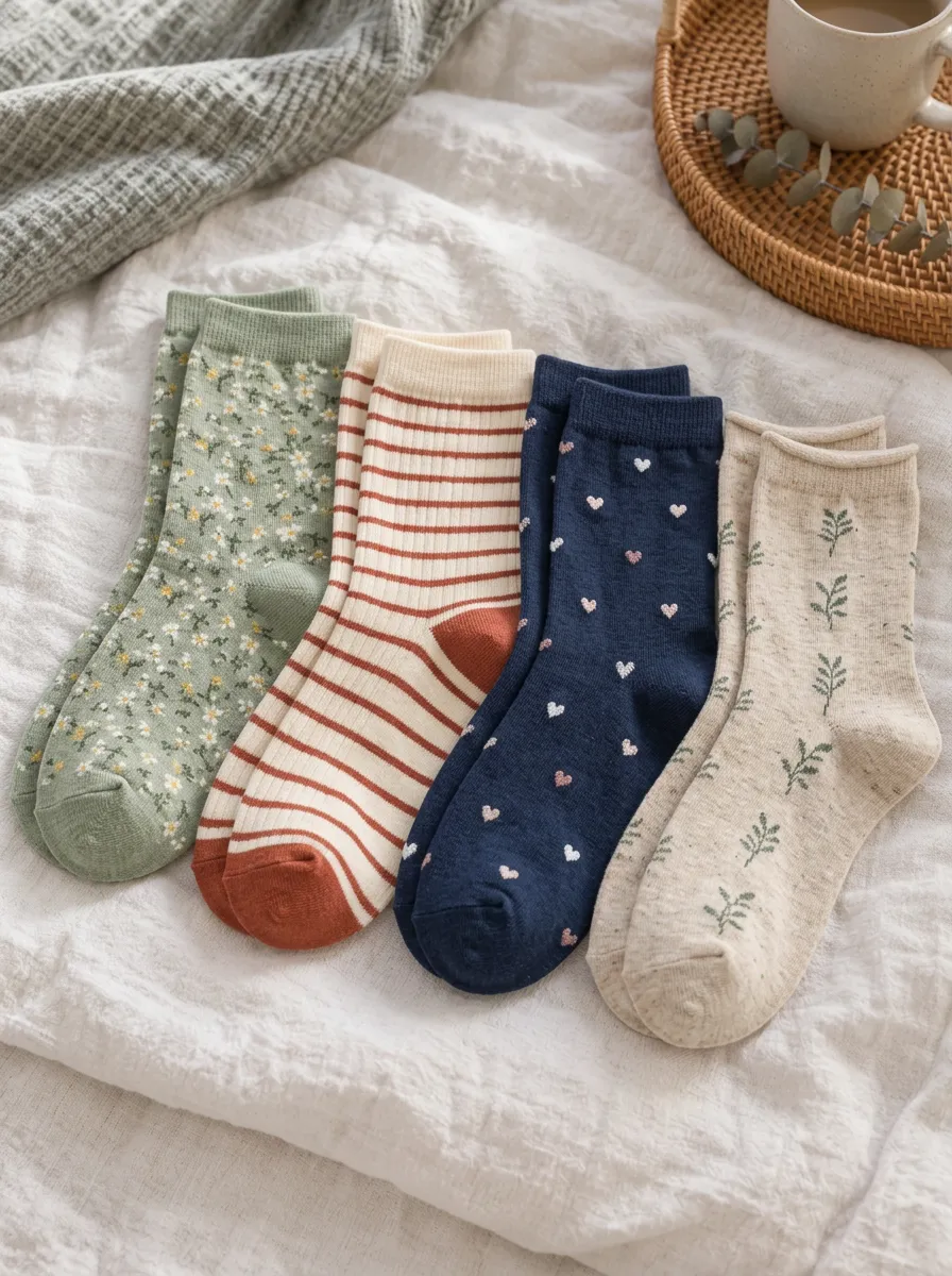 Women's Floral Striped Heart Leaf Printed 4-Pack Socks