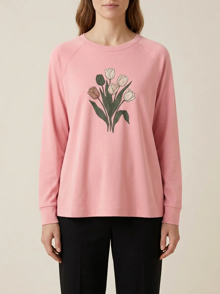Women's Tulip Floral Graphic Raglan Long-Sleeve Top